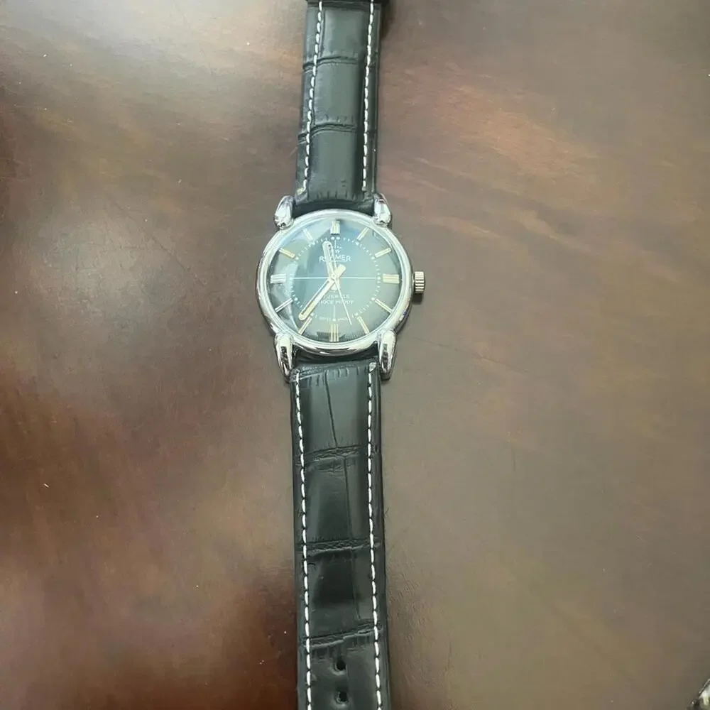 Roamer Black Leather satin blue dial vintage Rare 36mm Men's Watch